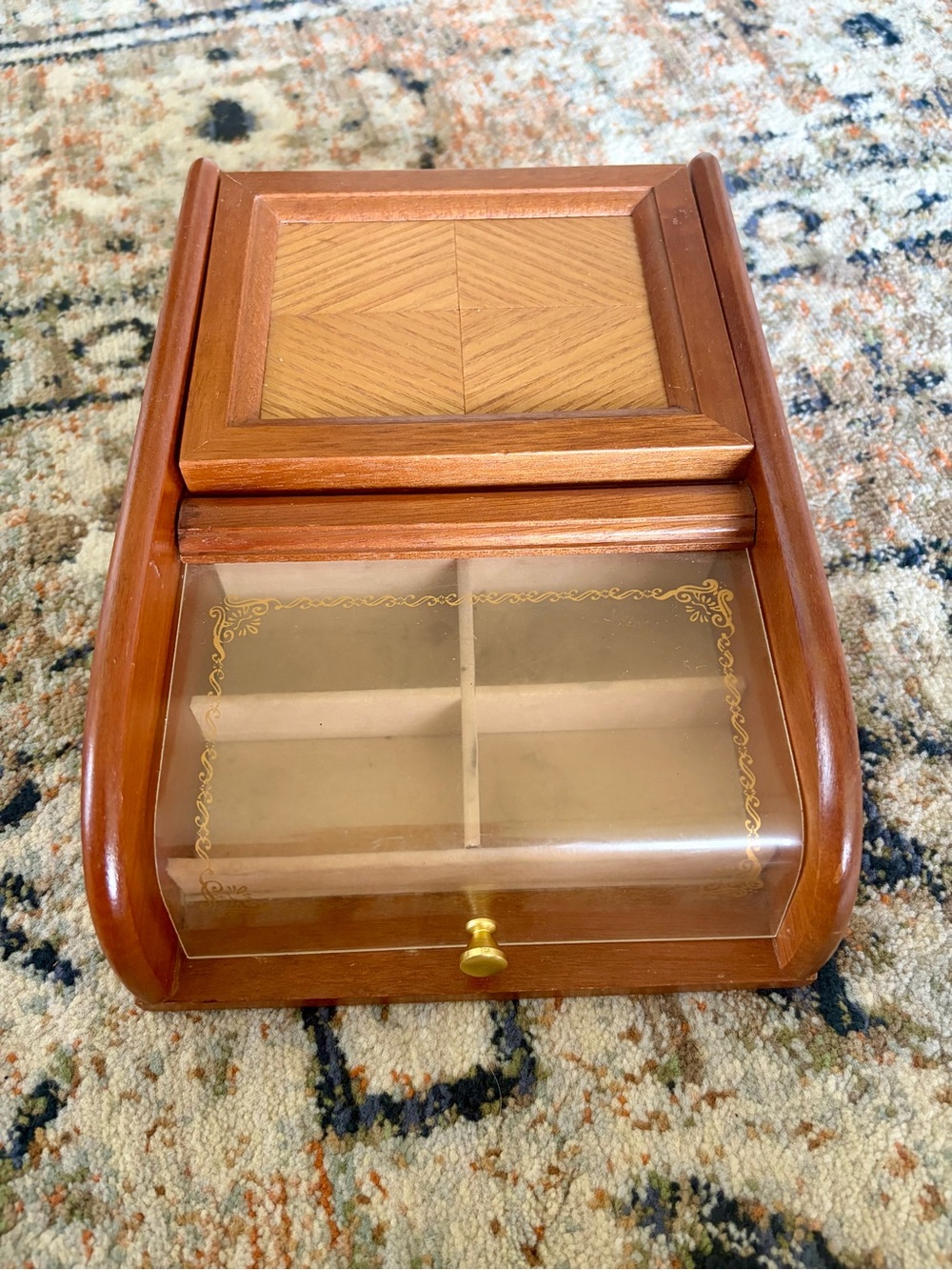 Vintage London Leather Wooden Jewelry Box Dresser Valet Parquet Inlay